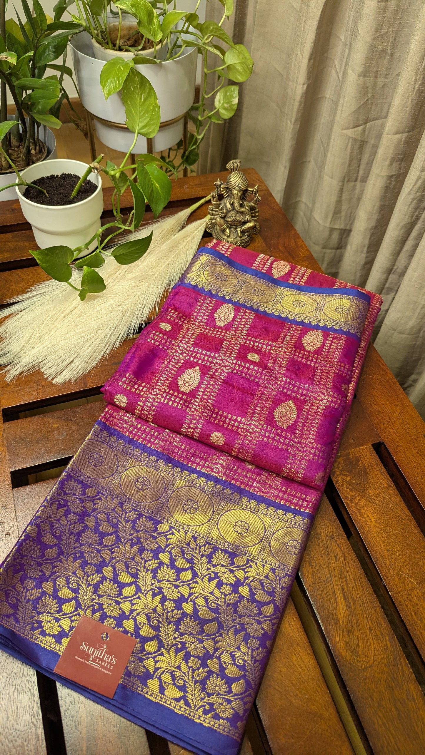 Rani Pink and Blue Semi Silk Saree