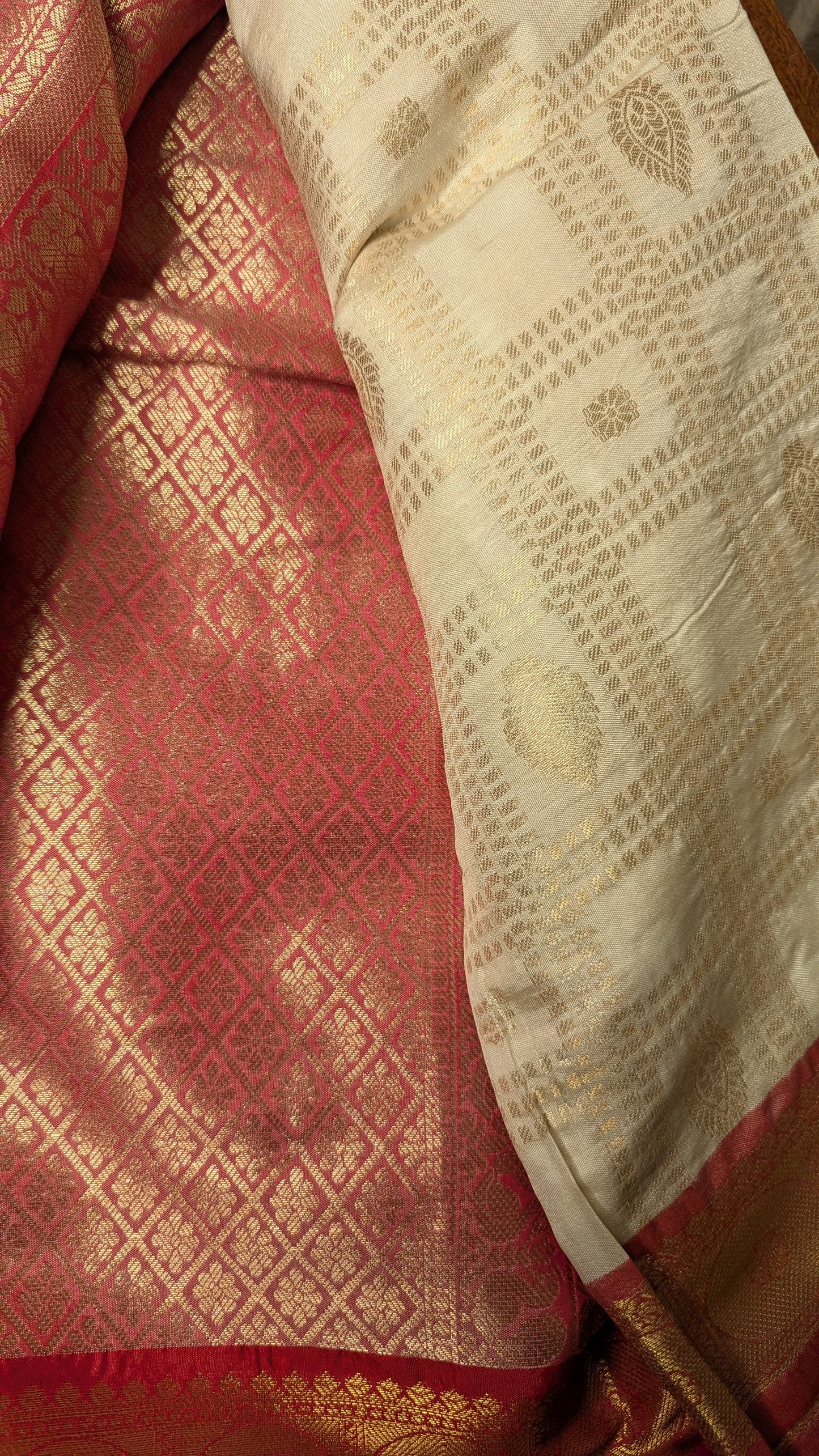 Cream and Pink Semi Silk Saree