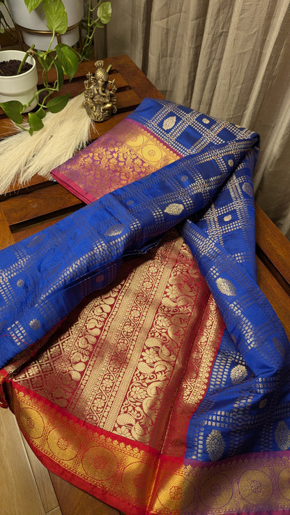 Blue and Magenta Semi Silk Saree