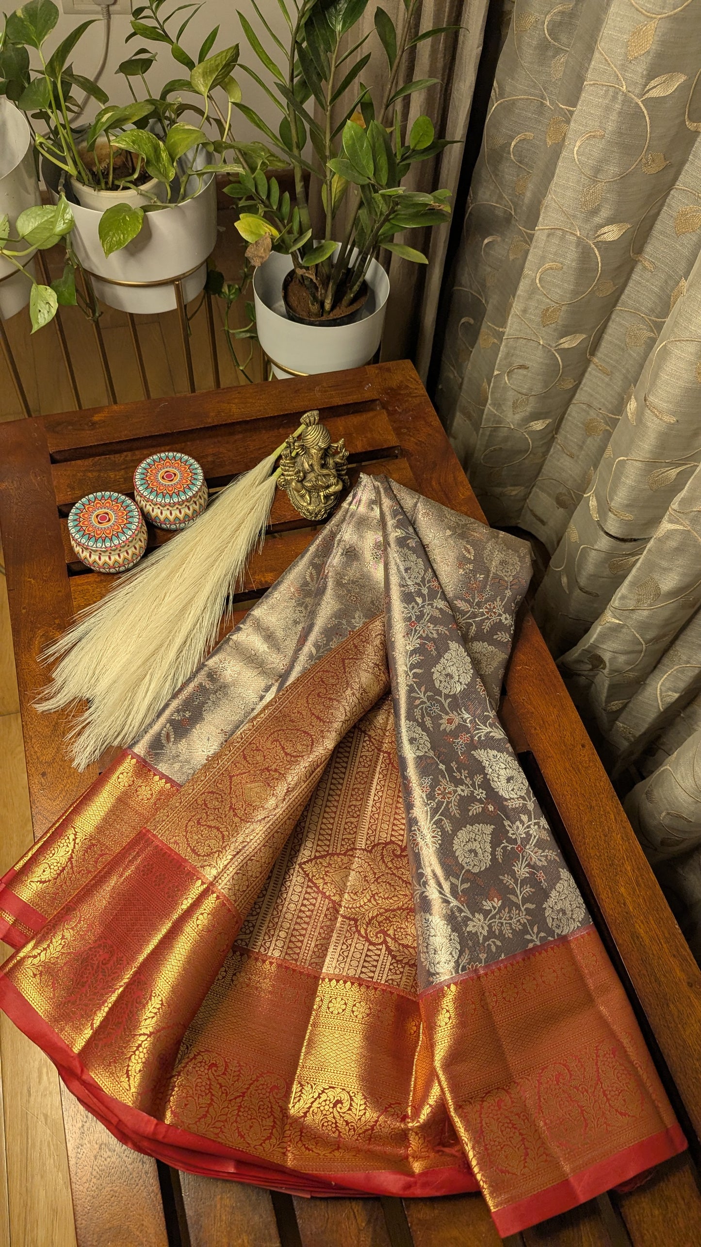 Grey and Red Semi Kanchi Silk Saree