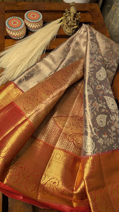 Grey and Red Semi Kanchi Silk Saree