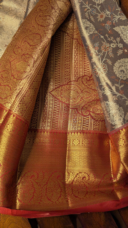 Grey and Red Semi Kanchi Silk Saree