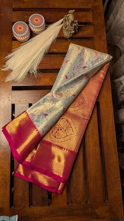 Grey and Magenta Bridal Semi Kanchi Silk