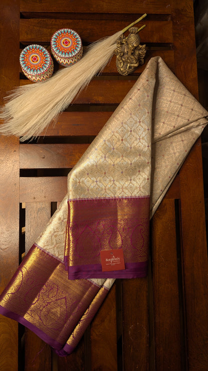 Cream and Purple Bridal Semi Kanchi Silk