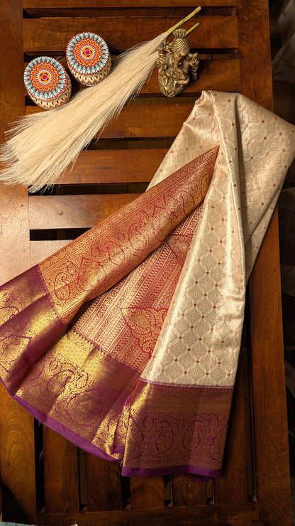 Cream and Purple Bridal Semi Kanchi Silk