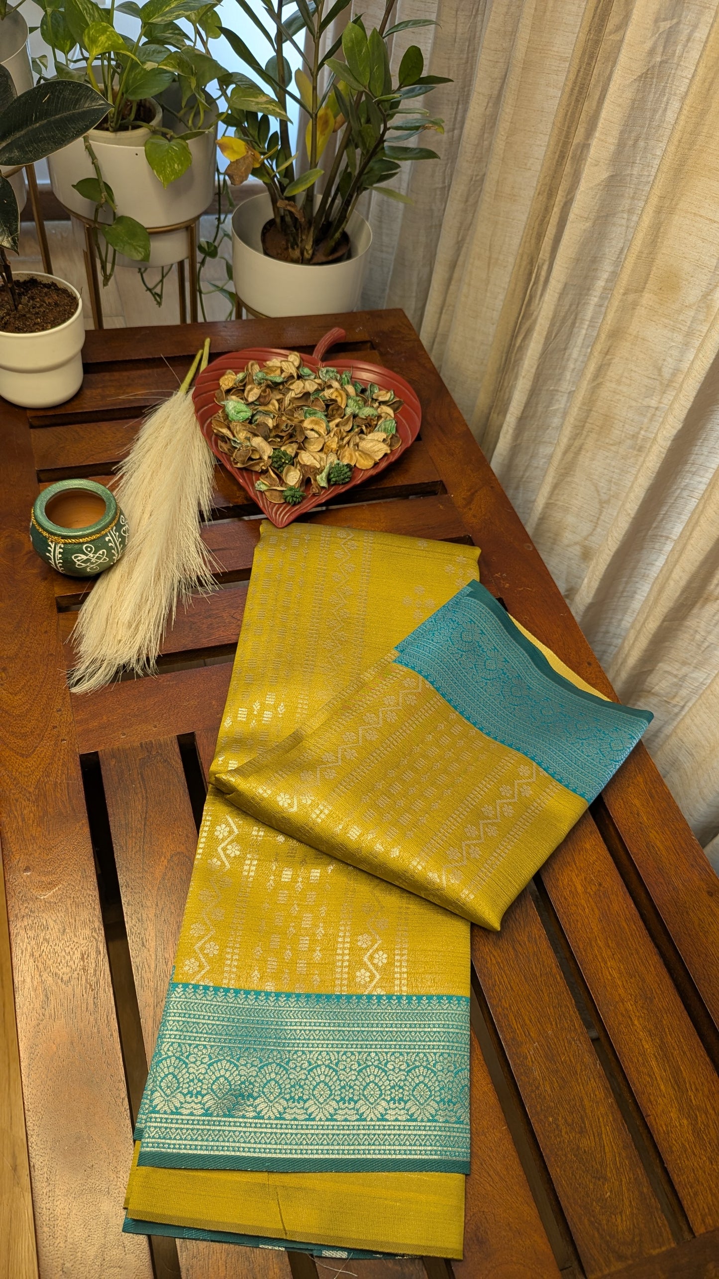 Yellow and Teal Fancy Silk Saree