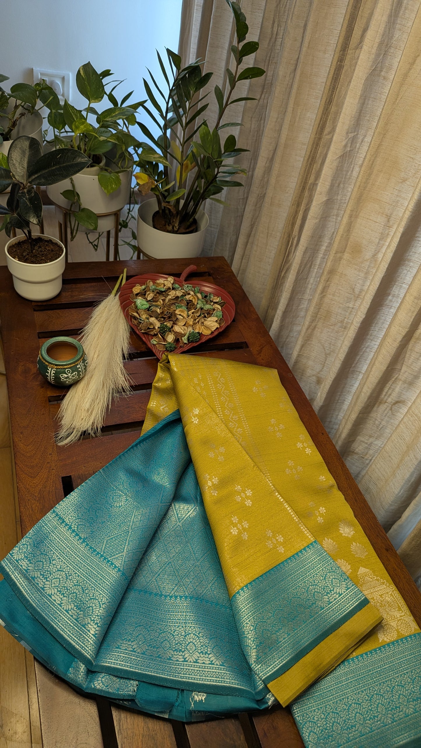 Yellow and Teal Fancy Silk Saree