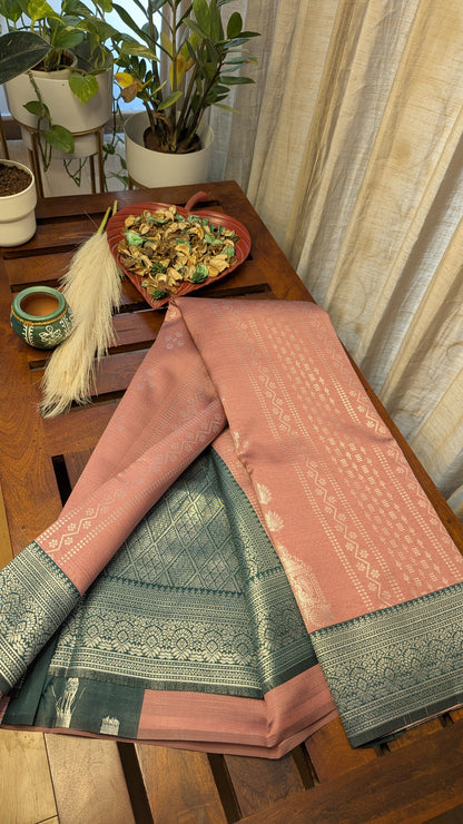 Pink and Green Temple Border Fancy Silk Saree