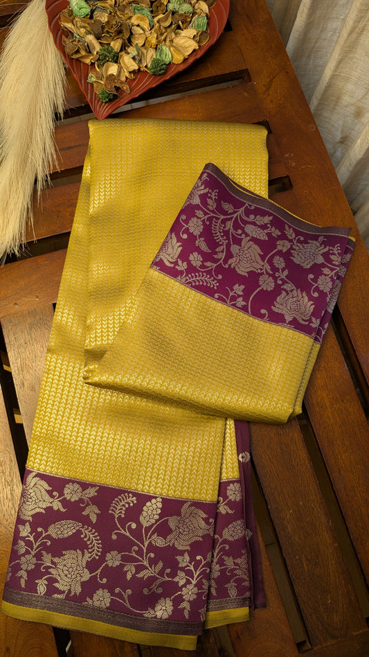 Yellow and Purple (Leaf Border) Fancy Silk Saree