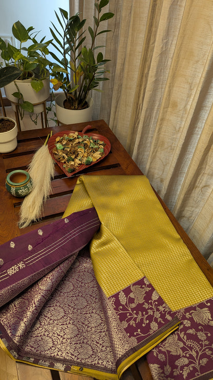 Yellow and Purple (Leaf Border) Fancy Silk Saree