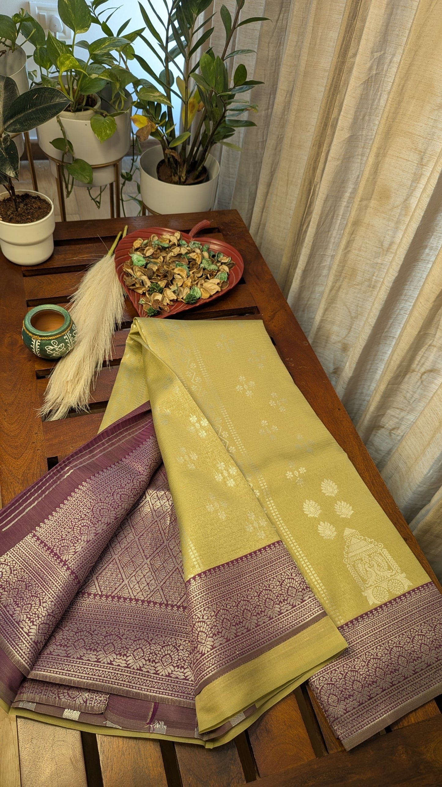 Yellow and Purple Fancy Silk Saree