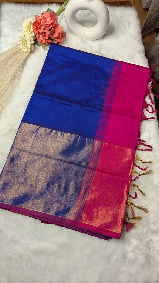 Blue and Rani Pink Silk Cotton Saree