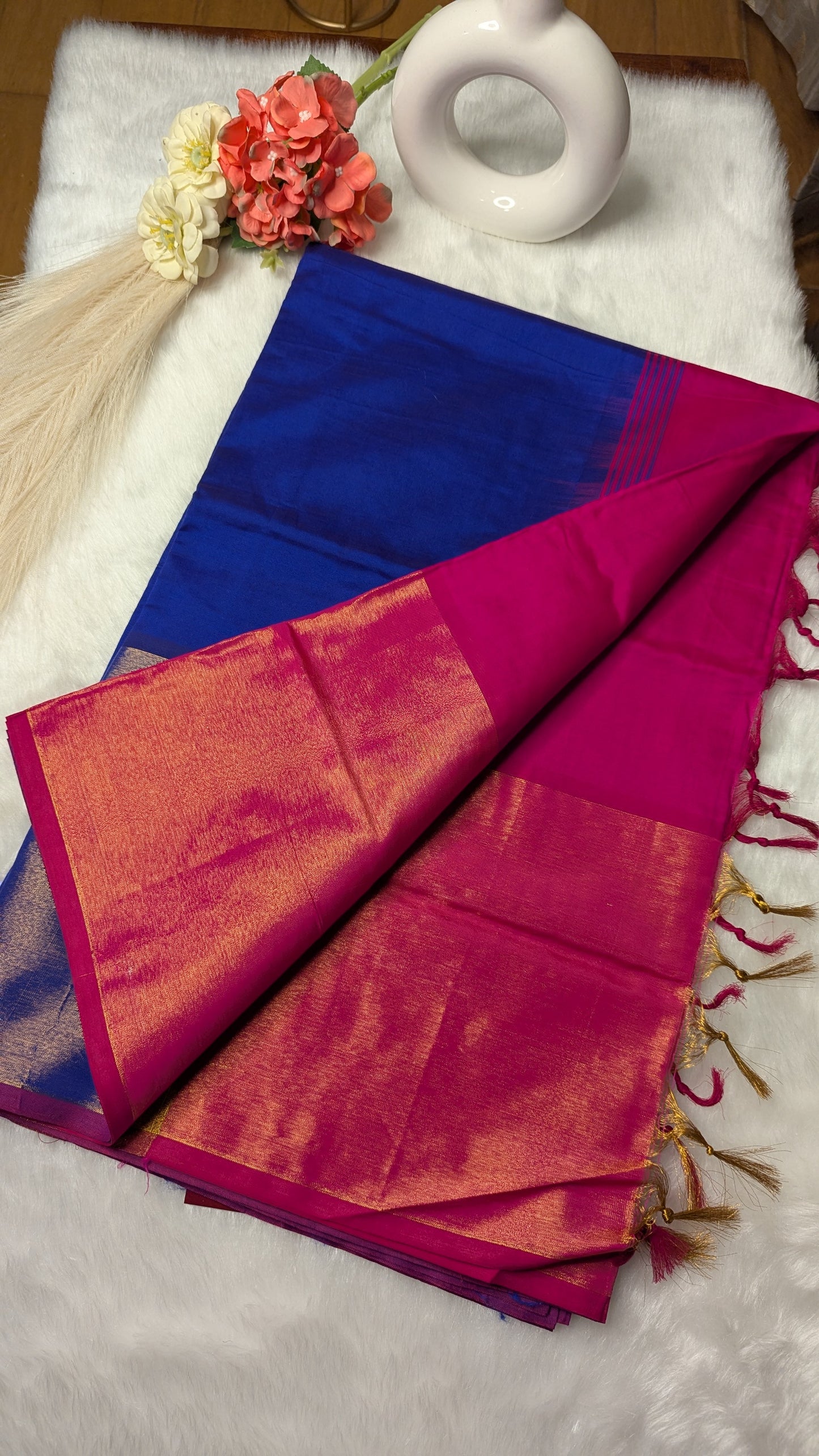 Blue and Rani Pink Silk Cotton Saree