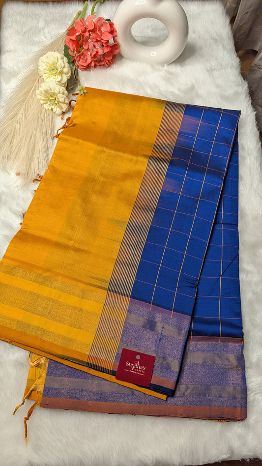 Blue and Mustard Checks Silk Cotton Saree