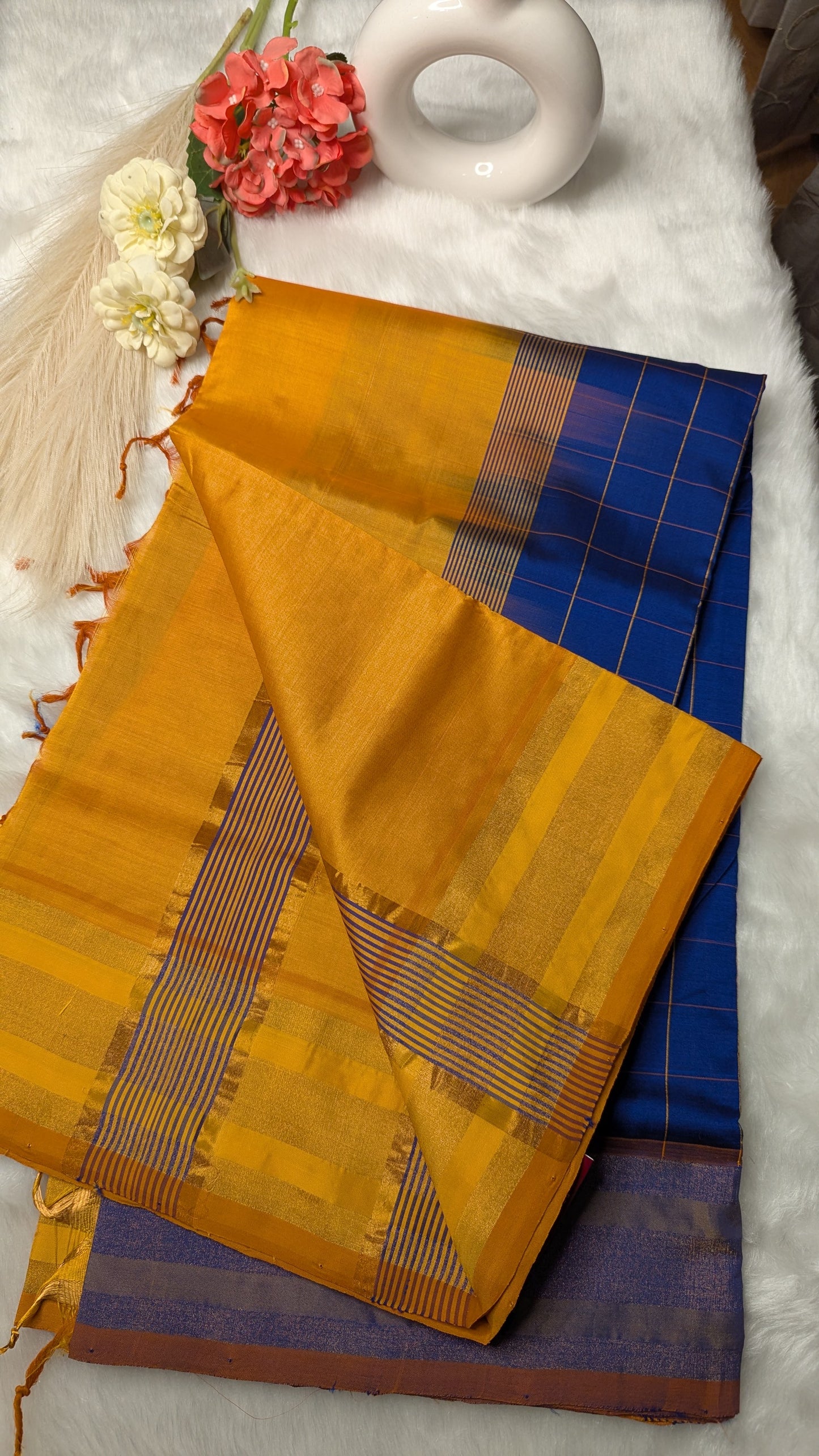 Blue and Mustard Checks Silk Cotton Saree