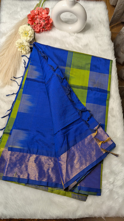 Blue and Green Checks Silk Cotton Saree