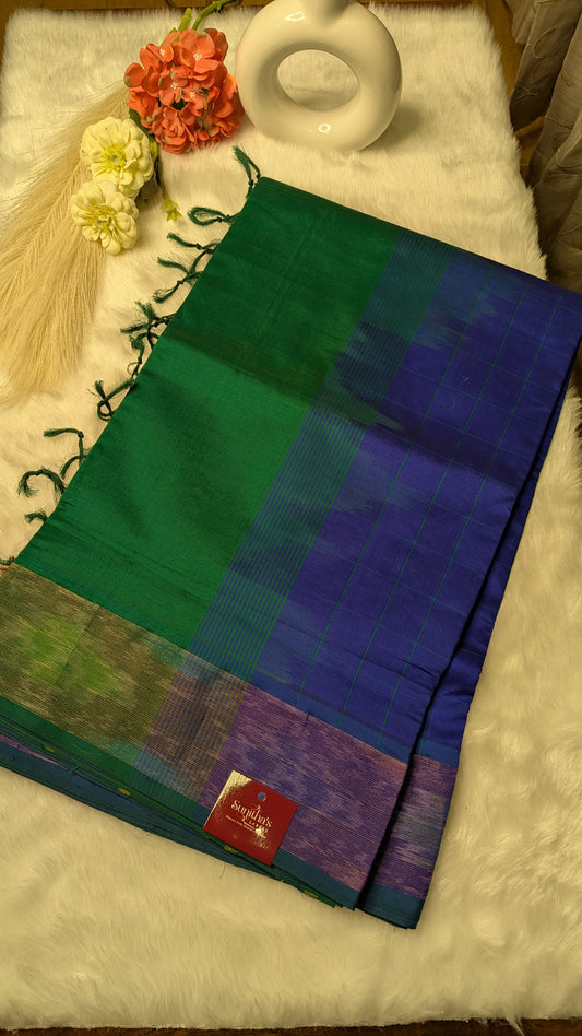 Blue and Green Checks Silk Cotton Saree