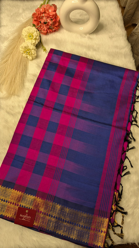 Blue and Rani Pink Checks Silk Cotton Saree