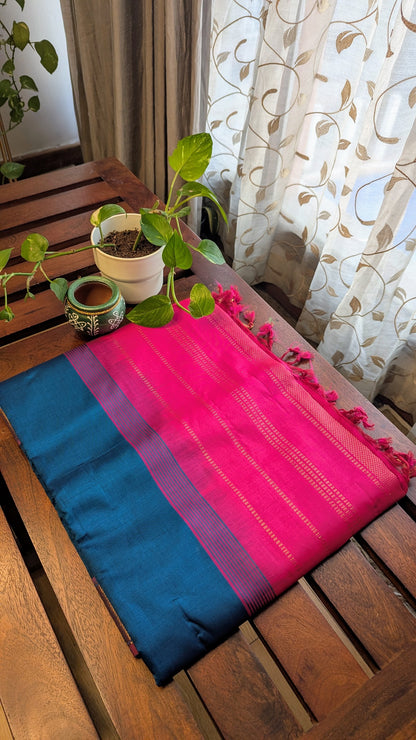 Peacock Blue & Pink Pure Silk Cotton Saree